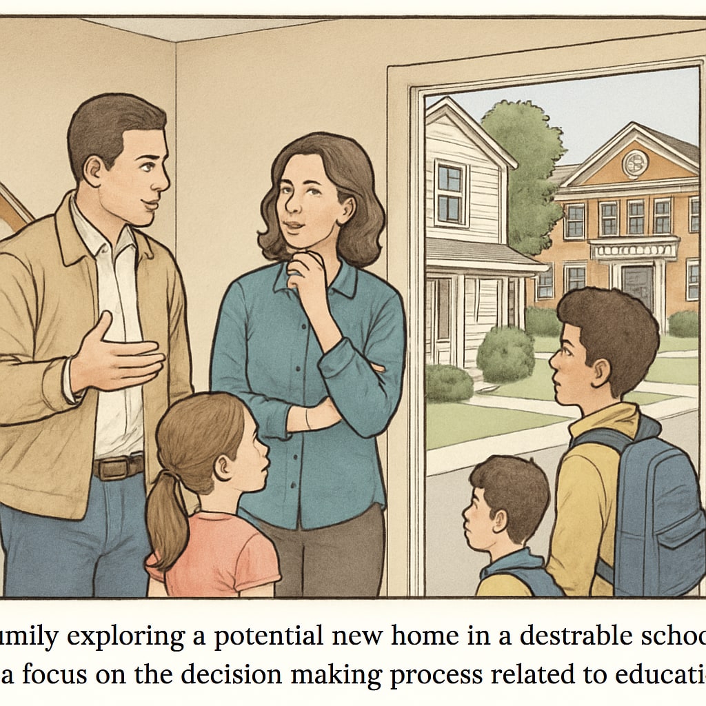A family touring a potential home in a sought-after school district, emphasizing the decision-making process involving education and real estate. Family viewing a home in a top school district, showcasing education-driven real estate choices.