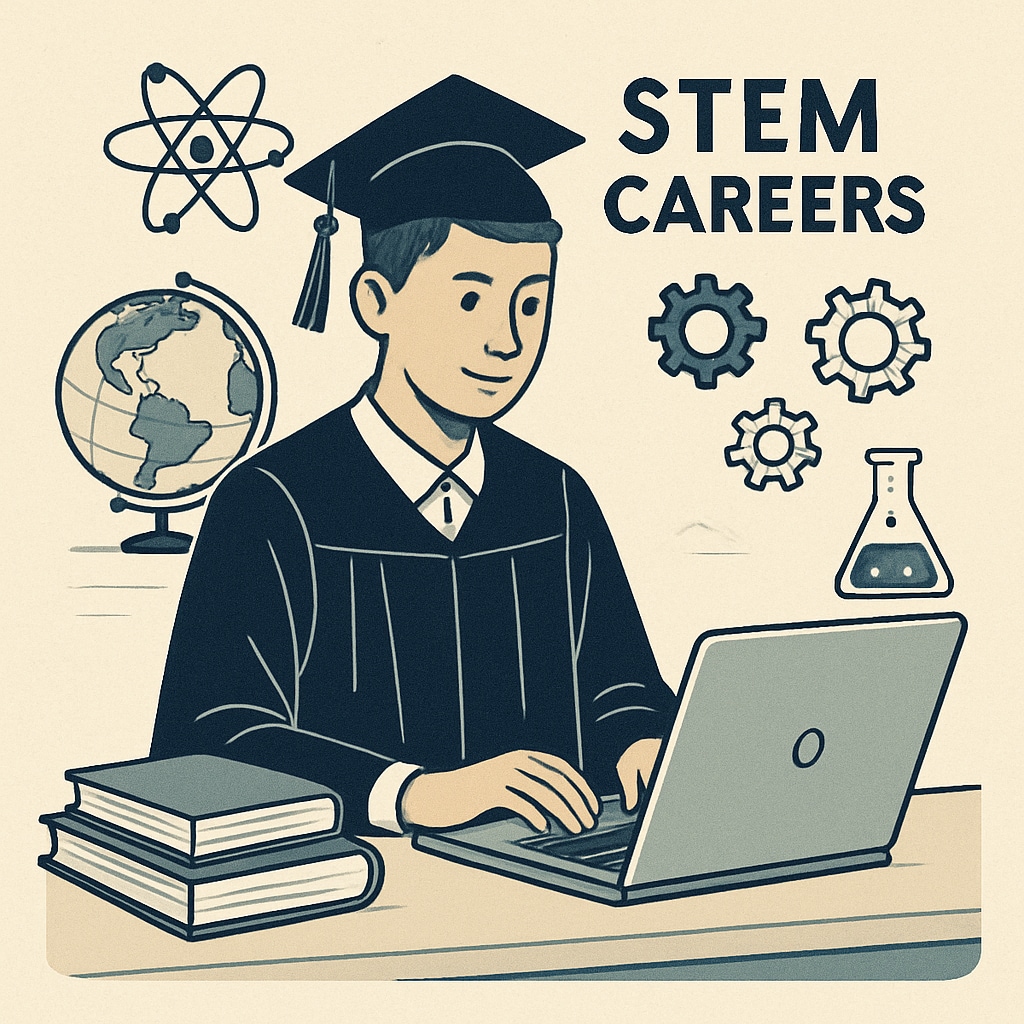A high school graduate looking at STEM career options on a laptop, symbolizing decision-making in STEM fields. High school graduate exploring STEM career options on a laptop.