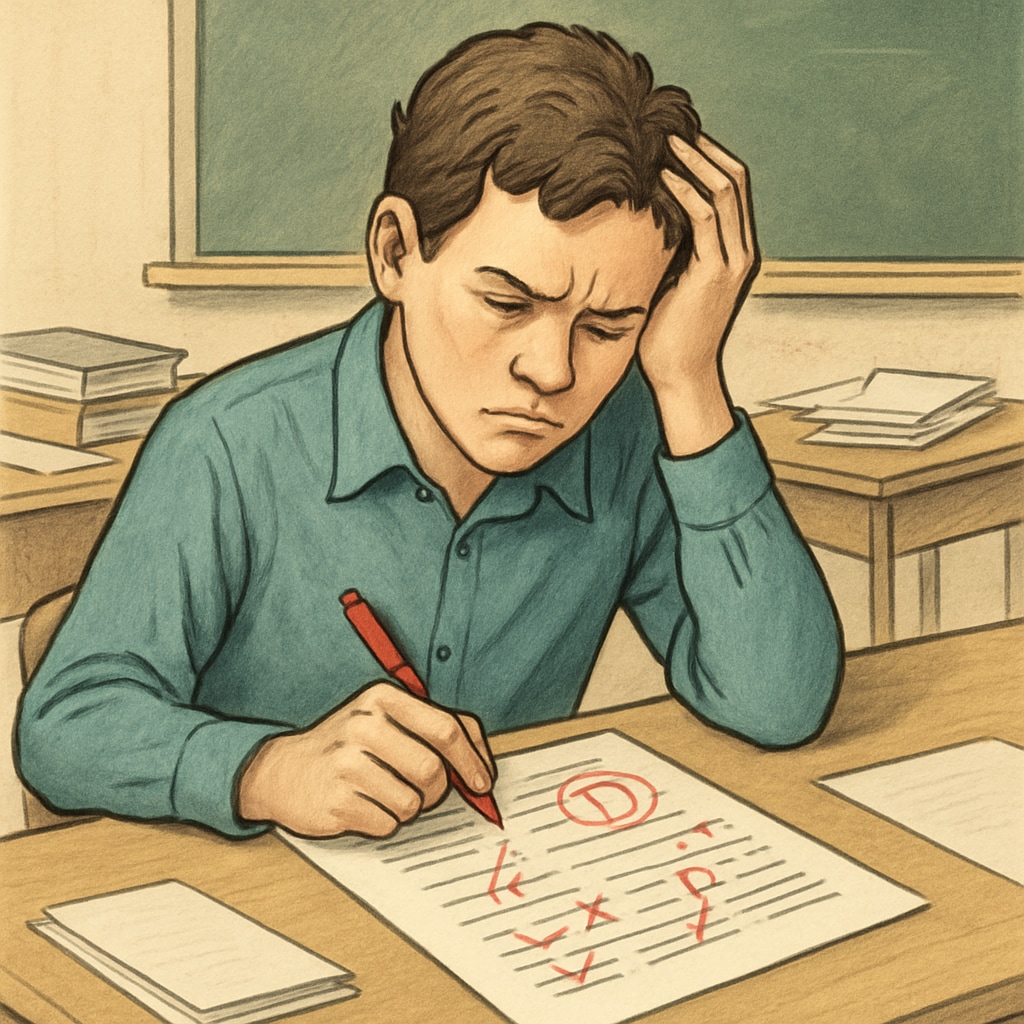 A student reviewing their exam paper with visible errors in grading, representing teachers' errors, exam grading, and school appeals.
