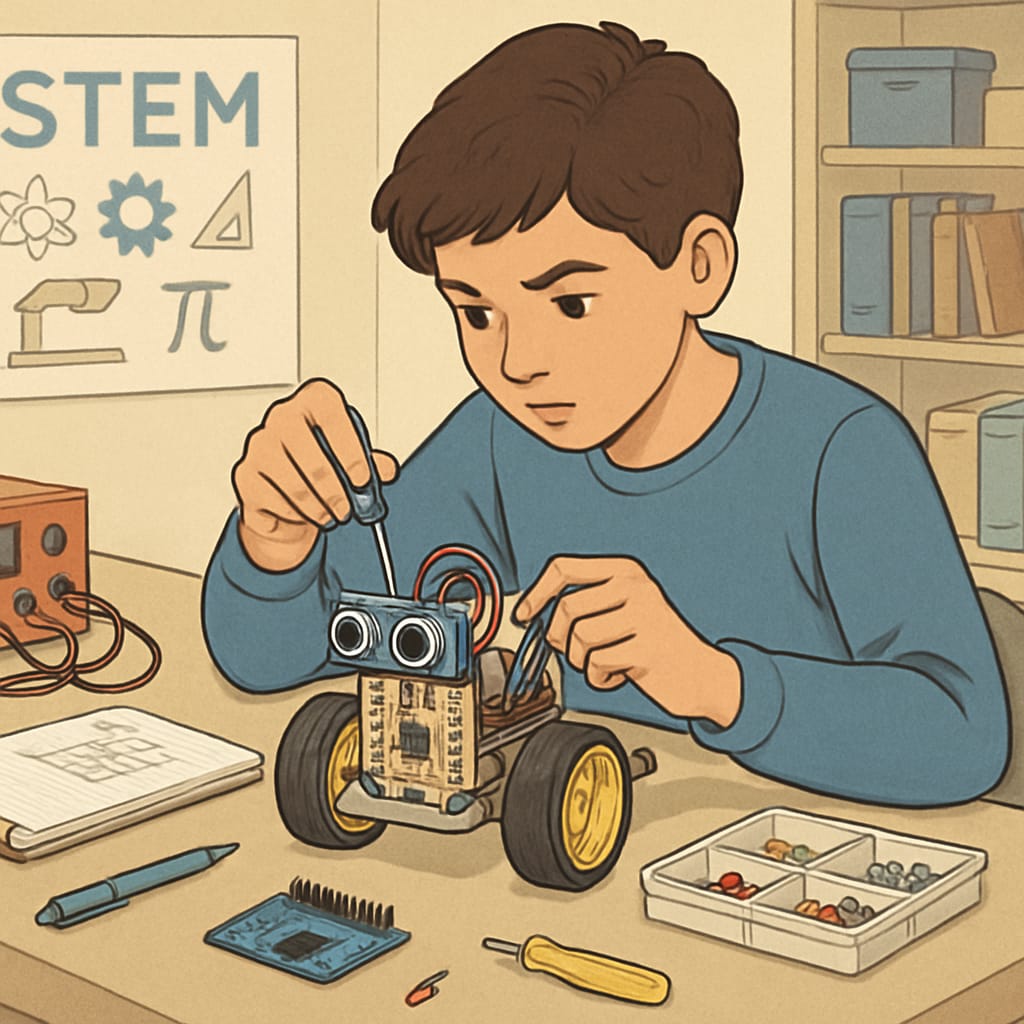 A student participating in a STEM workshop, experimenting with robotics. Student engaging in a STEM workshop, working with robotics.