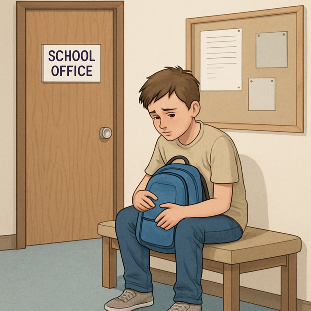 A student waiting outside a school office, symbolizing the challenges of school appeals and grading disputes.