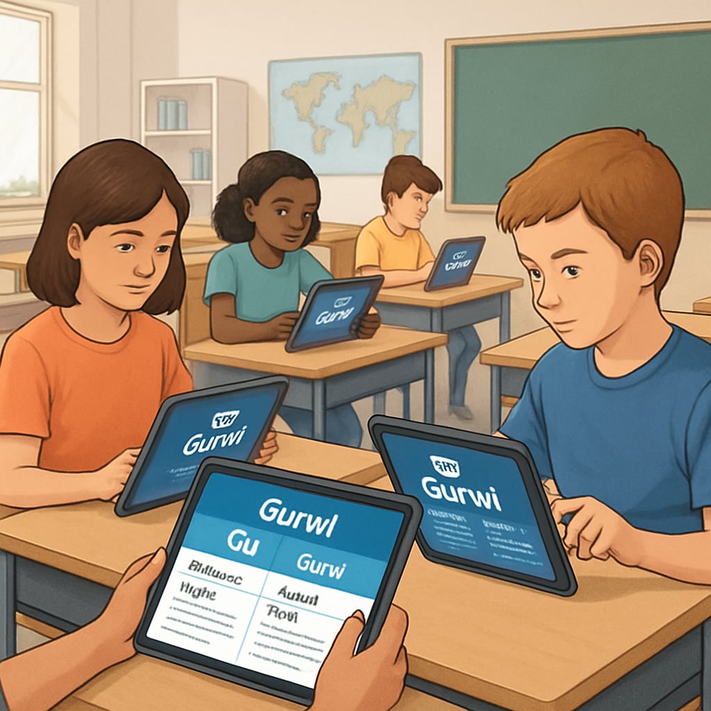 A classroom setting featuring students using tablets with Gurwi to access multilingual content. It illustrates the integration of multilingual education in modern classrooms. Students engaging with Gurwi’s multilingual learning features on tablets.