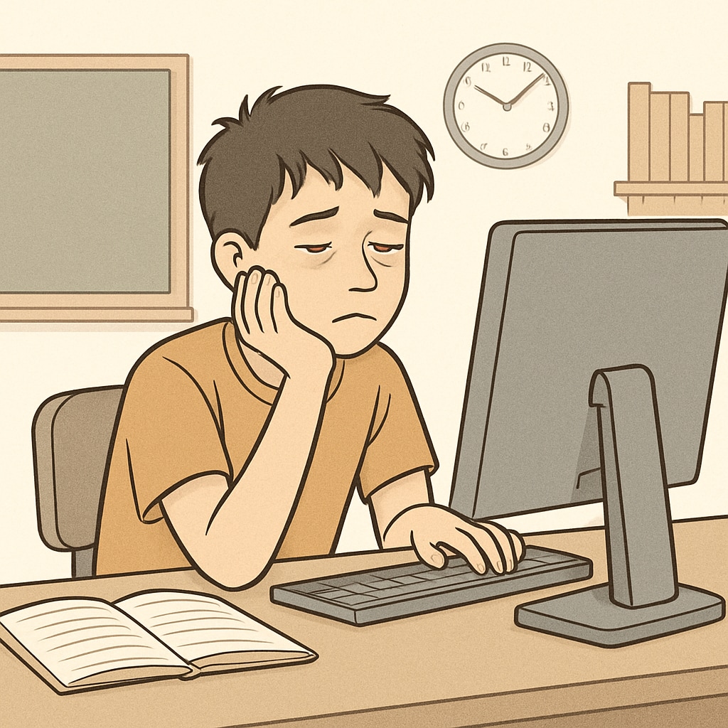 A young student sitting in front of a computer screen, appearing fatigued and distracted, representing the negative effects of excessive screen time. Student showing signs of technology addiction and mental fatigue.