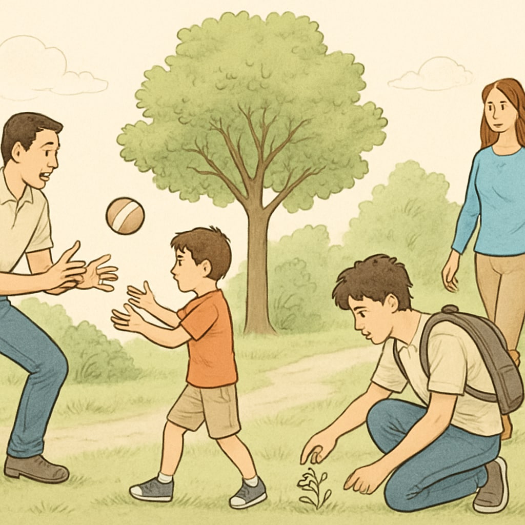 A family engaging in outdoor activities together, symbolizing the benefits of limiting digital device usage and promoting real-world interactions. Family enjoying outdoor activities as part of a digital detox.