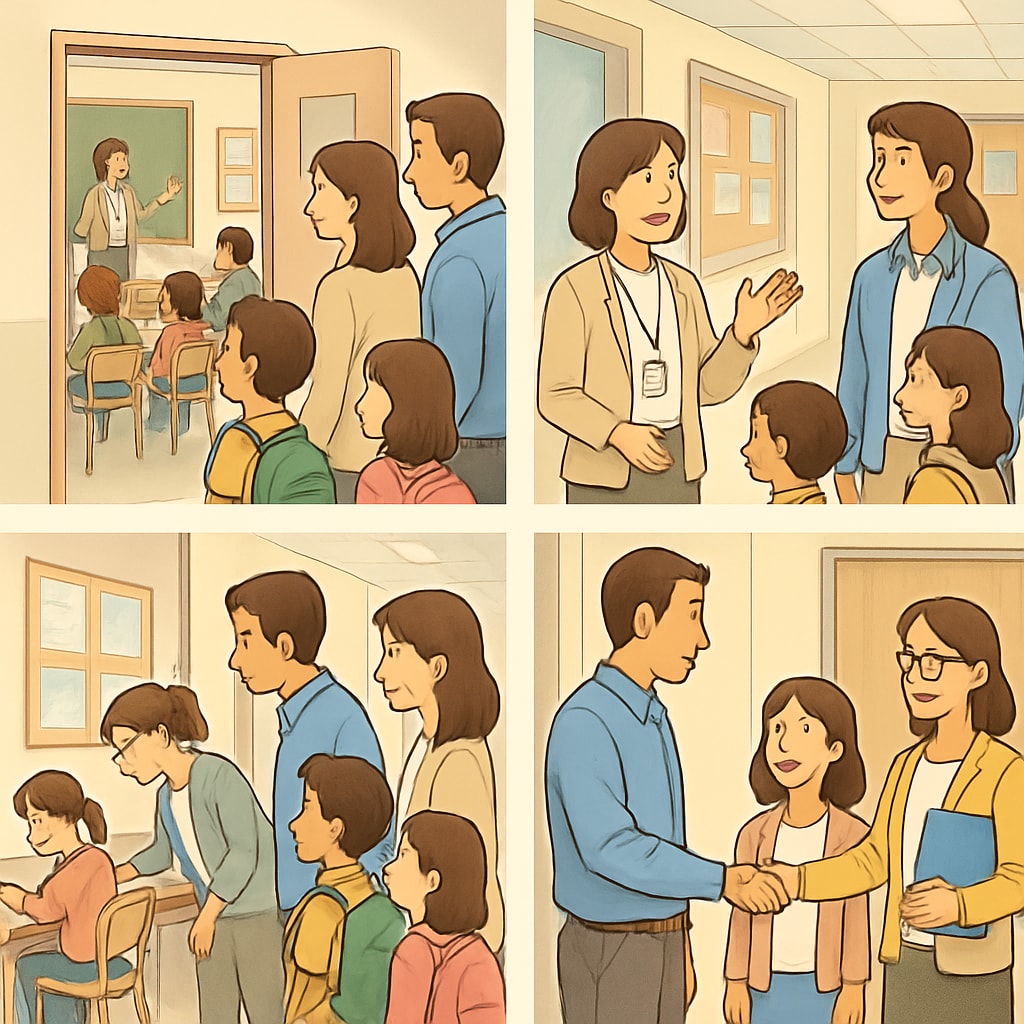 Parents and children touring an elementary school, observing classrooms and interacting with the staff. Parents and children touring an elementary school to evaluate its environment.