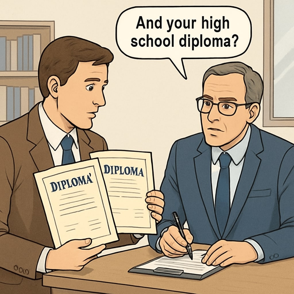 A professional setting showing a job applicant presenting higher education degrees, but being questioned about their high school diploma. Job applicant presenting college degrees but facing questions about high school diploma.