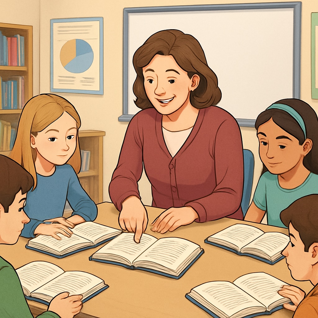 Fifth-grade ELA teacher leading a guided reading session.