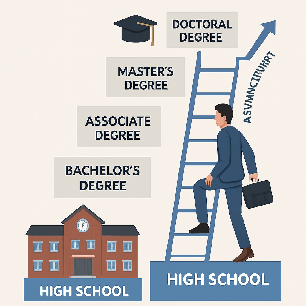 A conceptual illustration of an education ladder, showing high school, college degrees, and career progression. Education ladder showing progression from high school to college degrees and careers.