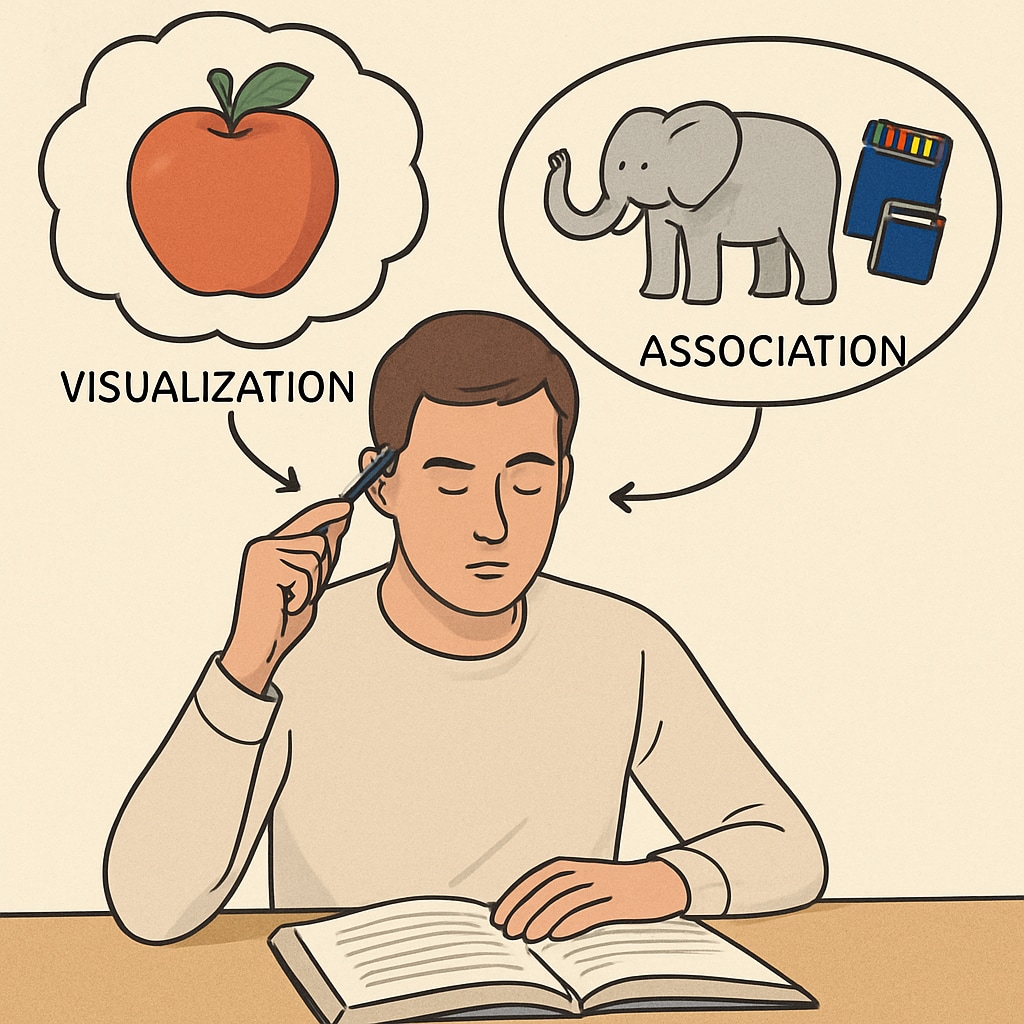 A person learning memory techniques through visualization and associations, related to memory improvement.