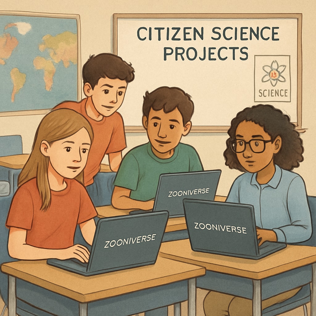 A group of K12 students working on laptops, participating in Zooniverse citizen science projects in a classroom setting. K12 students participating in Zooniverse citizen science projects.