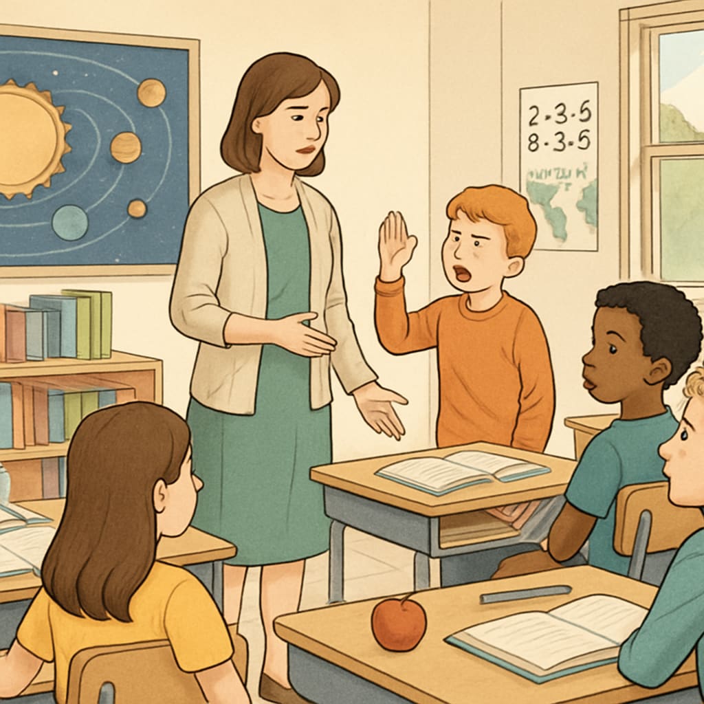 Teacher addressing a disruptive student in a public school classroom, promoting behavioral intervention.