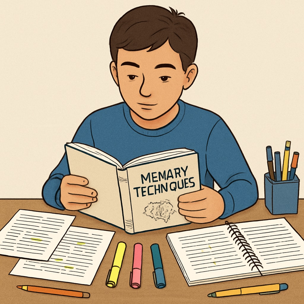 Student studying memory techniques with notes and highlighters.