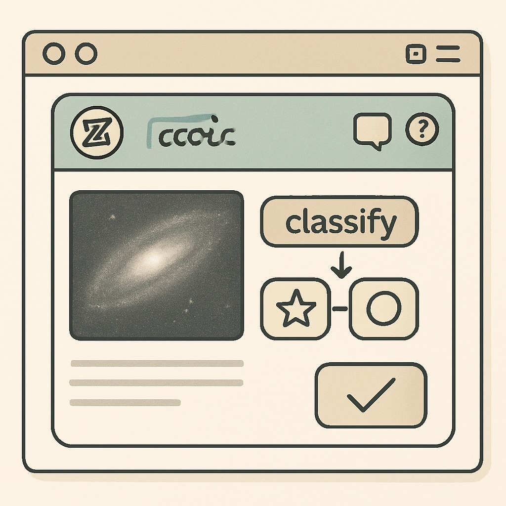 A screenshot of the Zooniverse platform, showcasing a live science project interface where users can classify data. Zooniverse platform interface for citizen science projects.