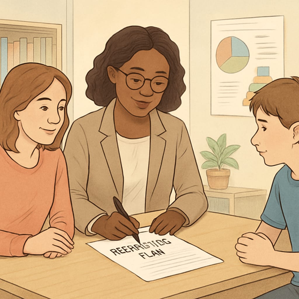 School counselor collaborating with a student and parent on behavioral reintegration in public schools.