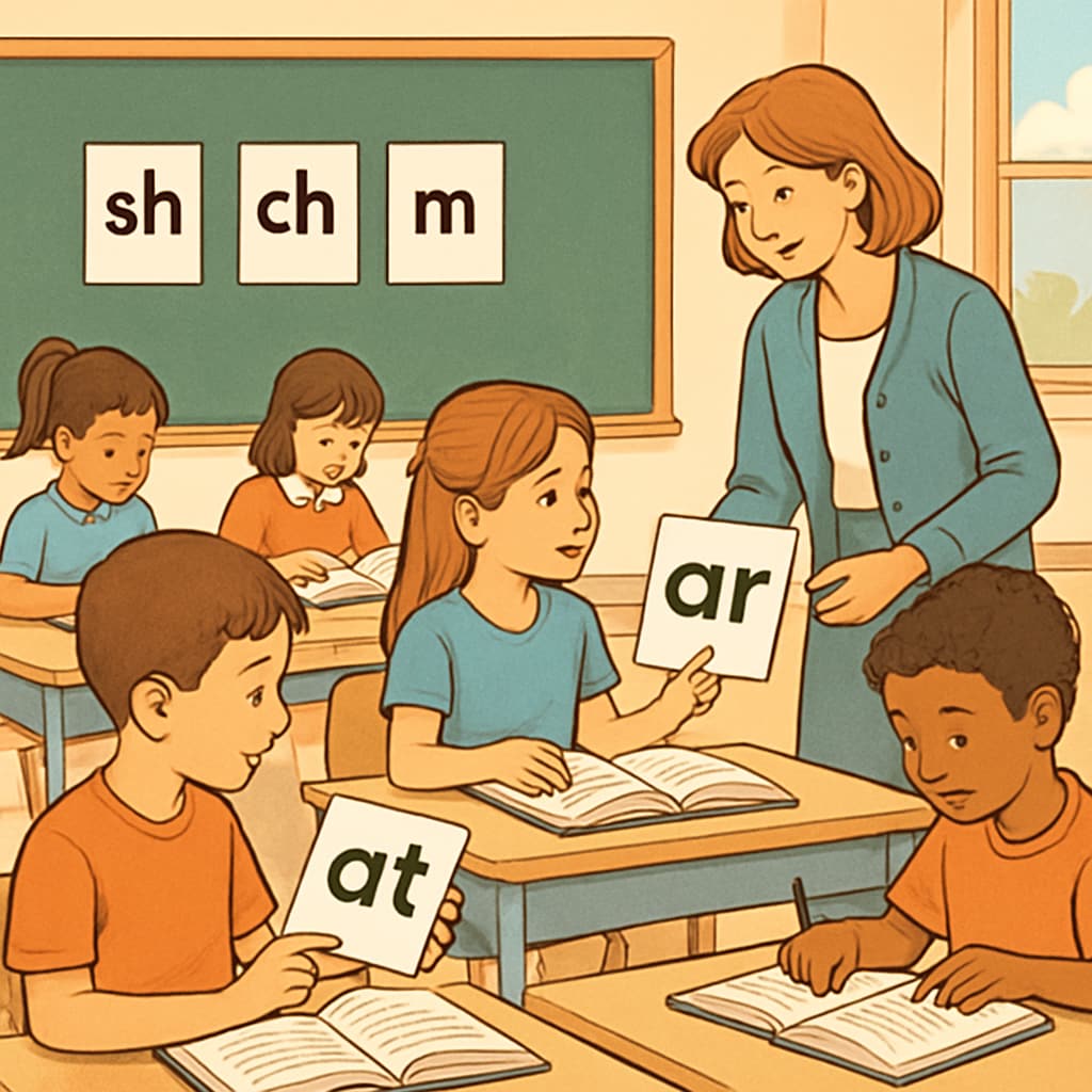 A classroom with children learning to read using both books and phonics cards. Classroom setting featuring children engaging with phonics and reading materials.