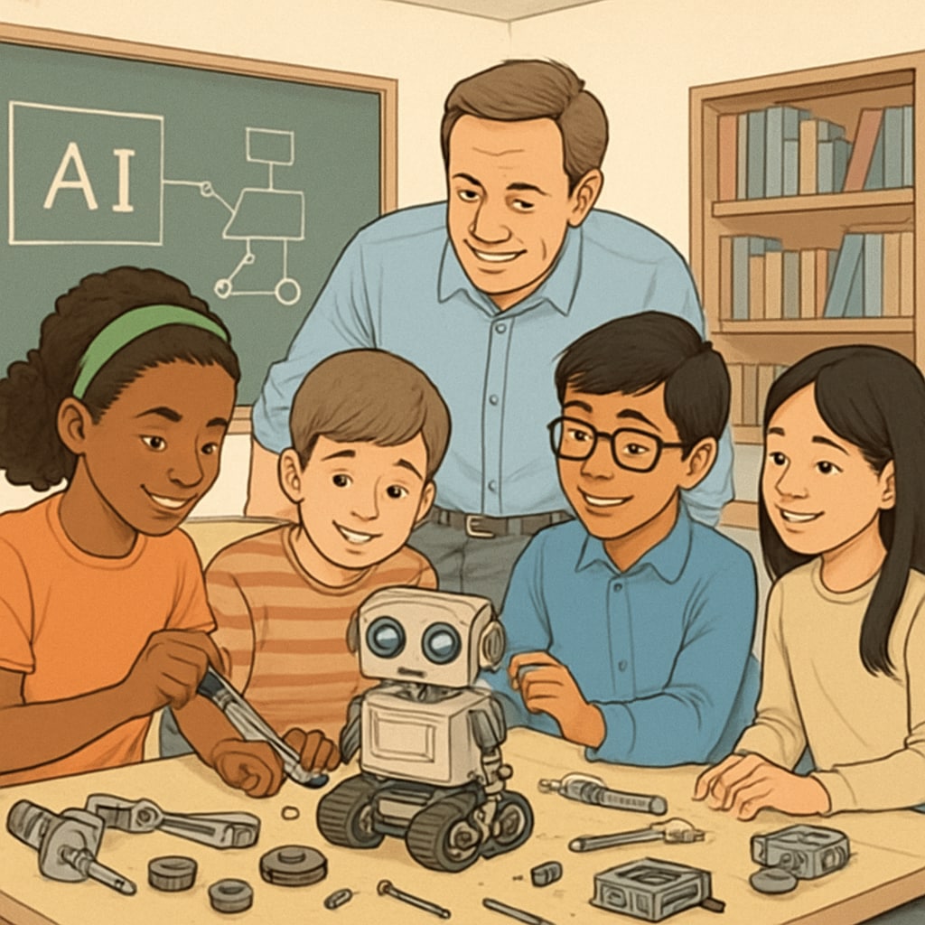 A classroom with students working collaboratively on a robotics project, symbolizing the integration of AI-related topics in K12 education. Students in a robotics class working on a project related to AI in K12 education.