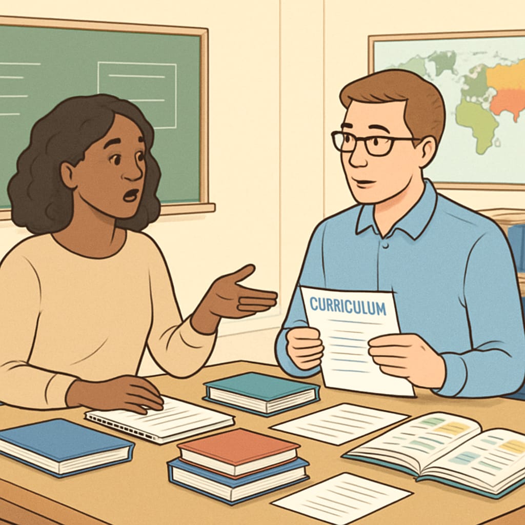 A parent and teacher in a meeting, discussing curriculum differences. Parent and teacher discussing the gap between promised and actual teaching methods.