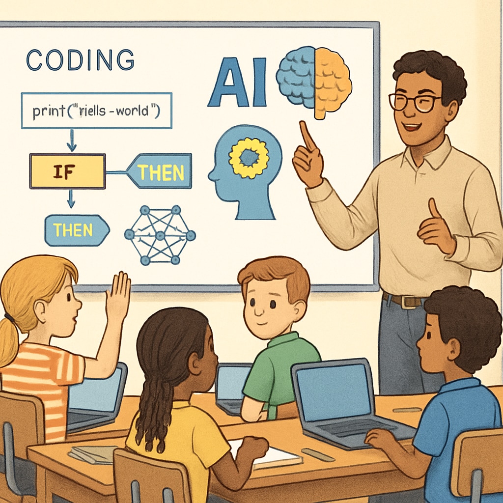 An educator conducting a workshop on coding and AI basics for elementary school students, illustrating teacher involvement in preparing for future technologies. Teacher leading a coding workshop with students to prepare for AI-driven futures.