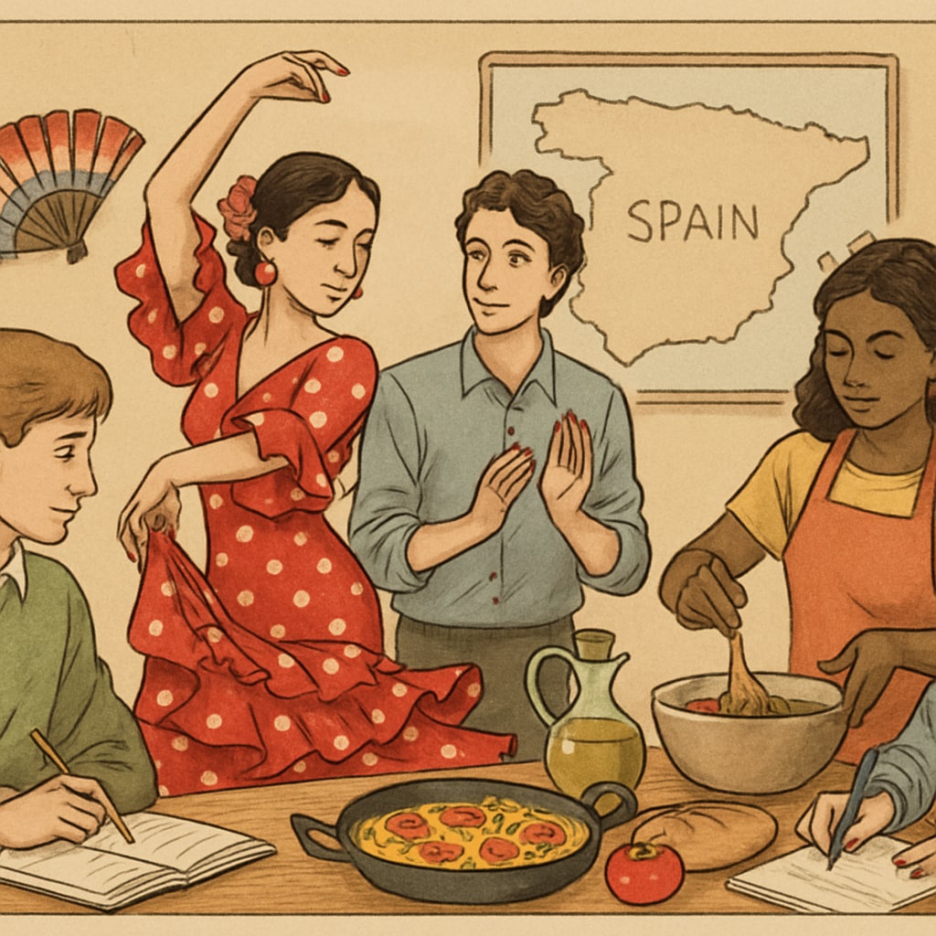 Students engaging in a cultural activity related to Spain, such as flamenco or Spanish cuisine.