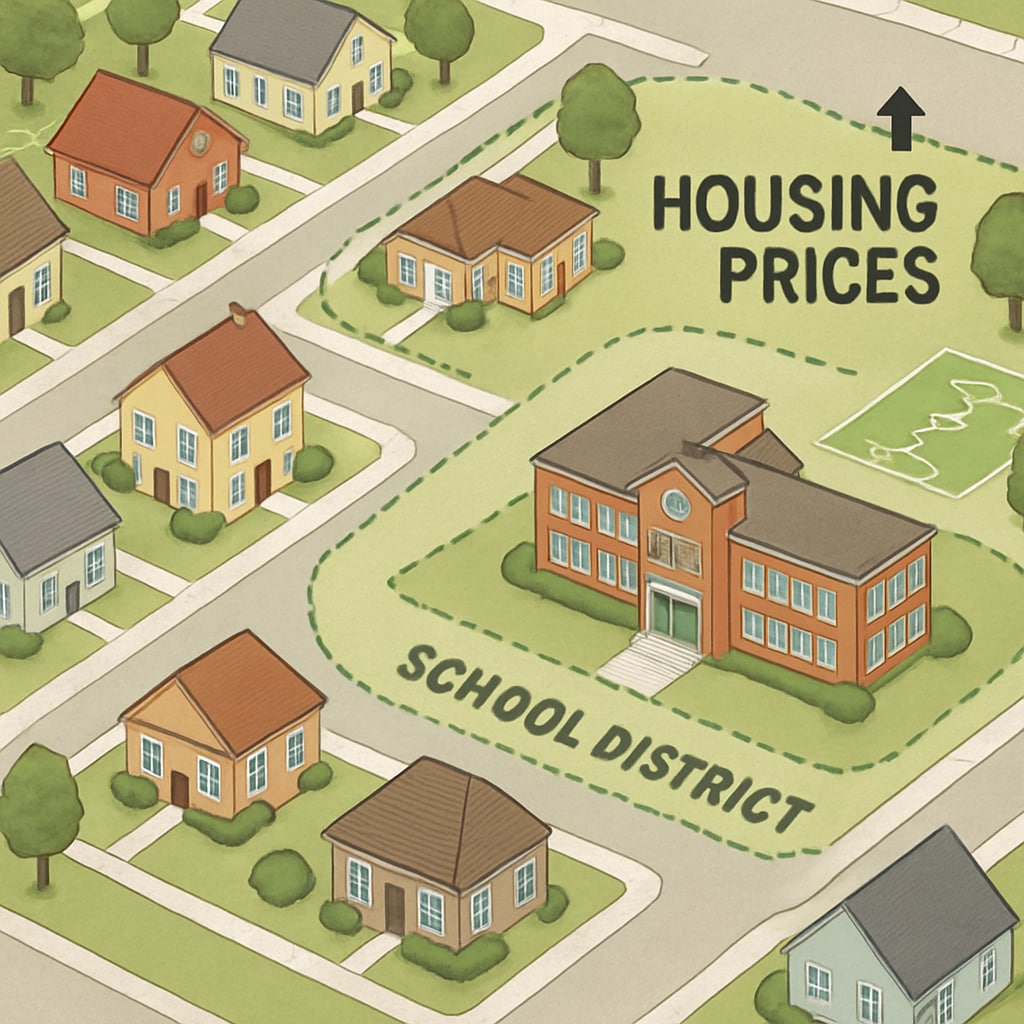 Suburban homes near a school highlighting the impact of school district rankings on real estate.