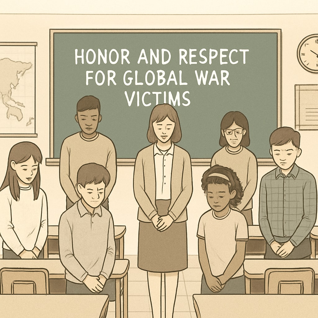 Classroom observing a moment of silence for global war victims.