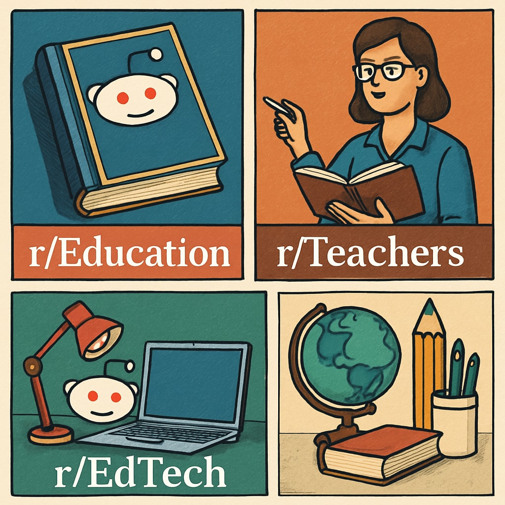 Logos of education-focused subreddits like r/Education and r/Teachers.