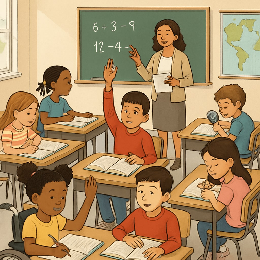 Classroom of diverse students learning together, symbolizing equitable access to education.