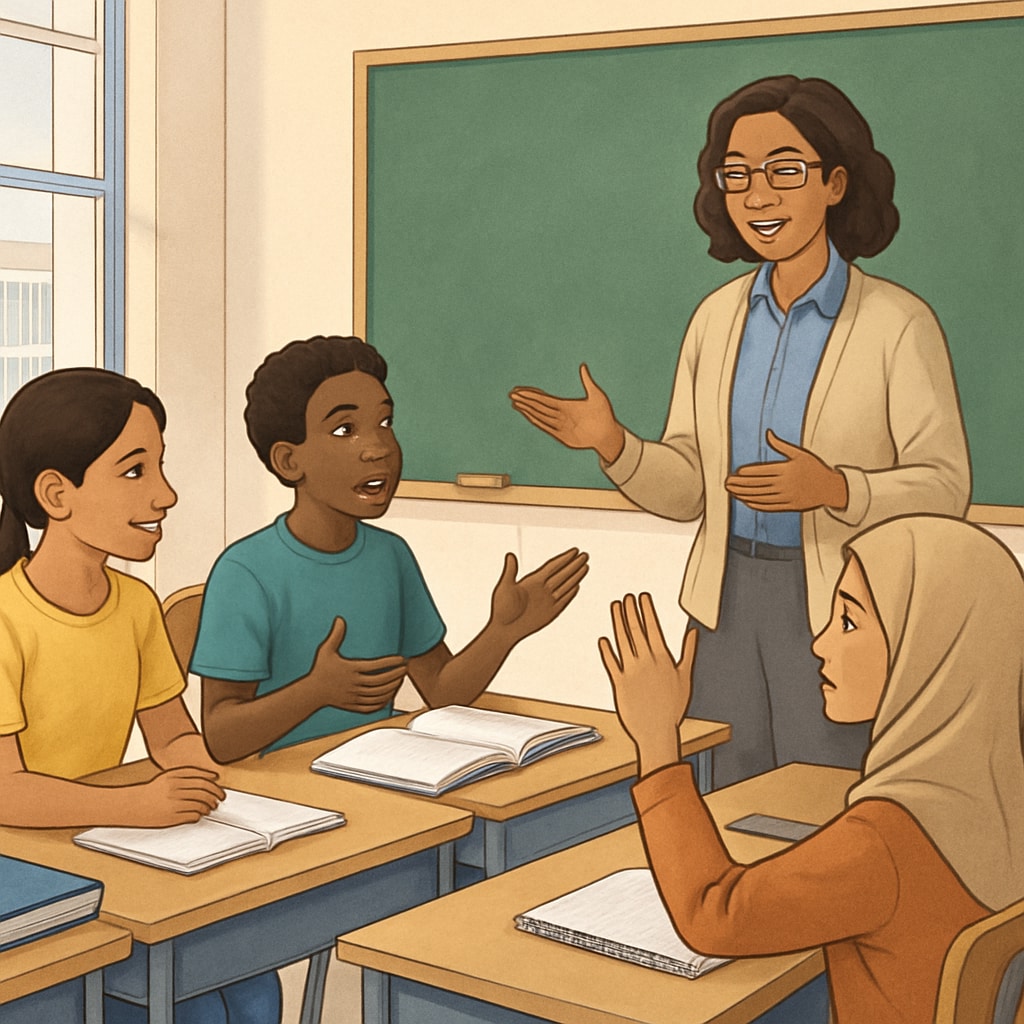 Diverse students in a classroom setting discussing education and personal growth.