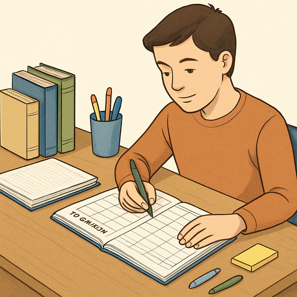 A student organizing their study materials with a planner on a desk. A student using a planner for time management and organizing study materials.