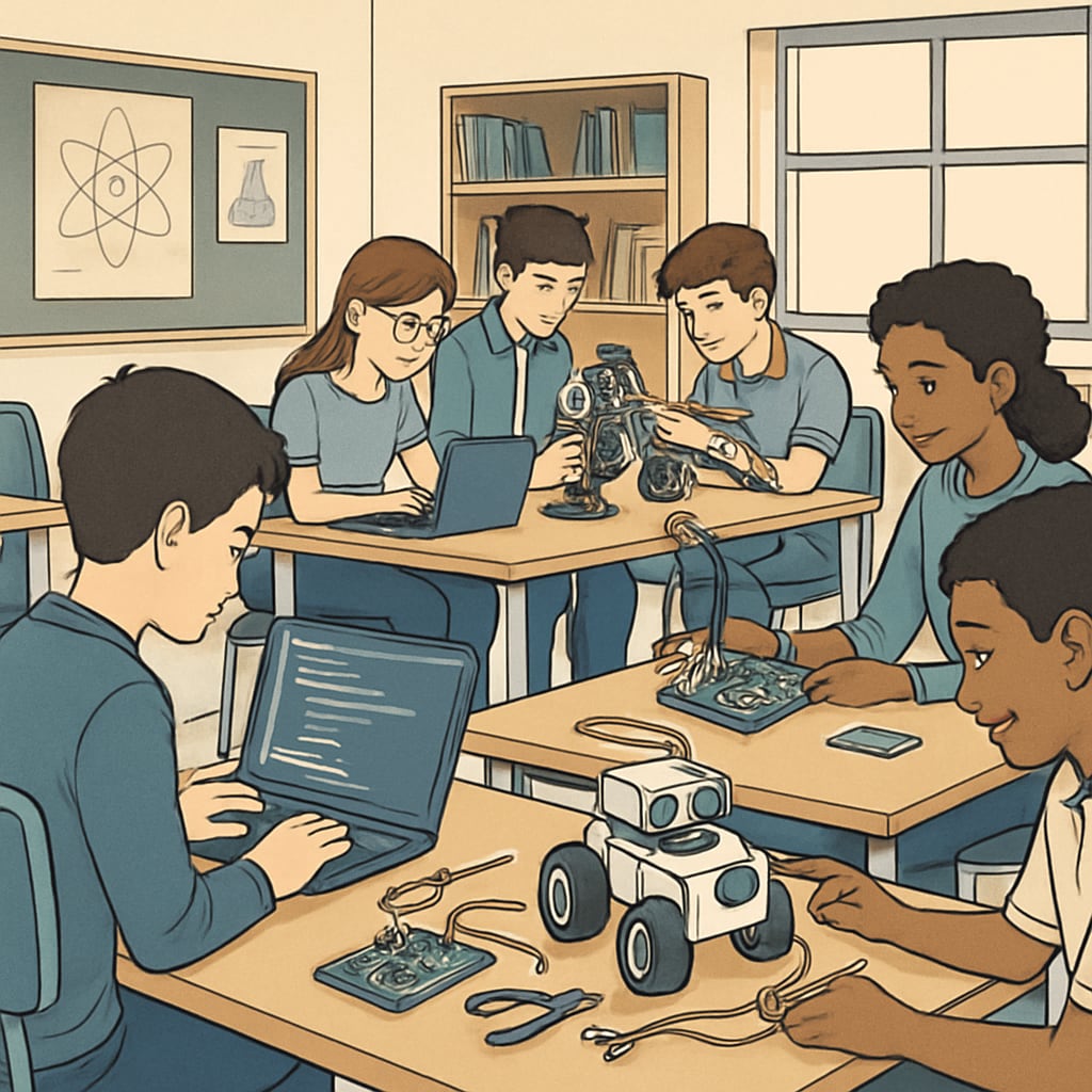 High school students engaged in STEM projects like coding and robotics.