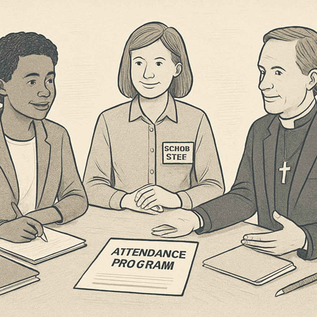 School staff collaborating with a church representative to address attendance concerns.