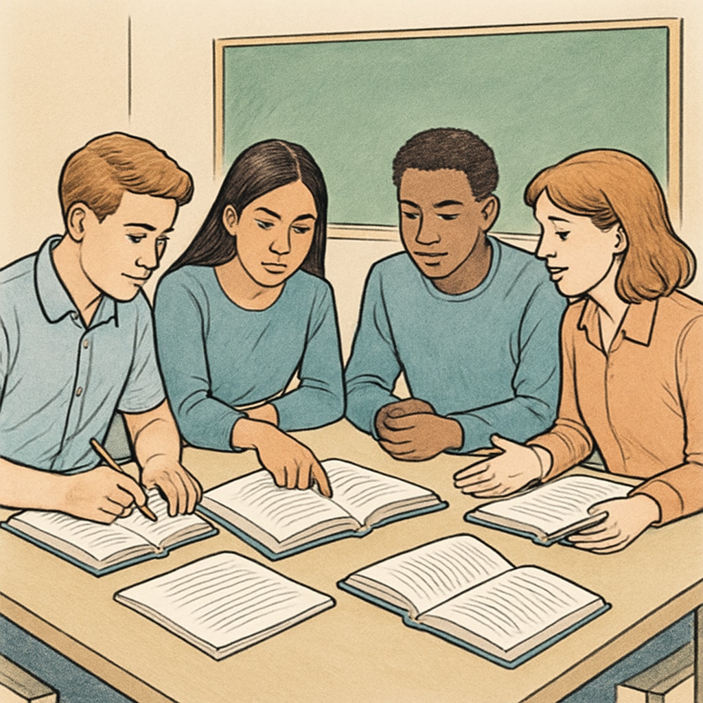 A group of students studying together, sharing notes and discussing concepts. Students collaborating on exam preparation by sharing notes and discussing topics.