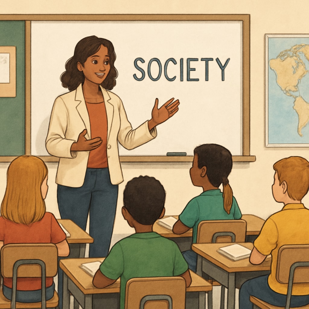 A classroom setting with a teacher introducing a social topic to attentive young students. A teacher engaging first-grade students in a discussion on social topics.