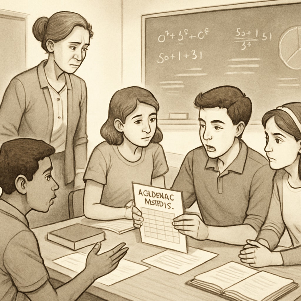 Students and teacher reviewing academic records, focusing on fair assessments.
