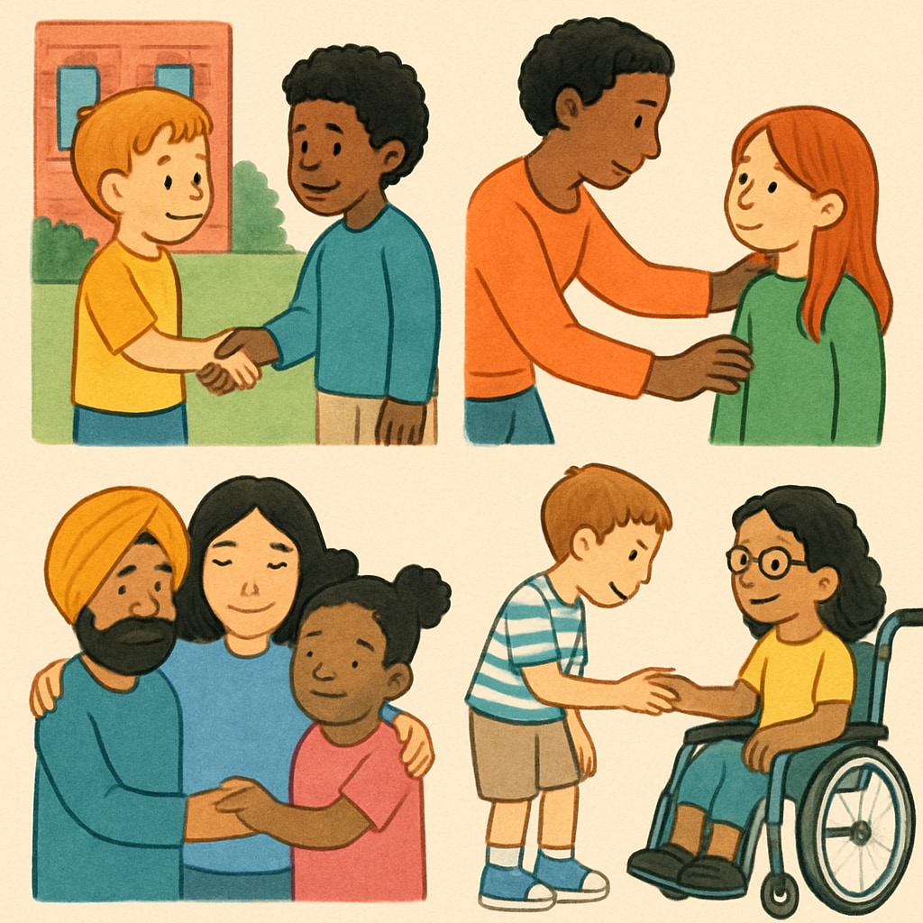 An illustrated children's book depicting diverse characters, promoting inclusion and social awareness. A children's book about diversity and inclusion for young learners.