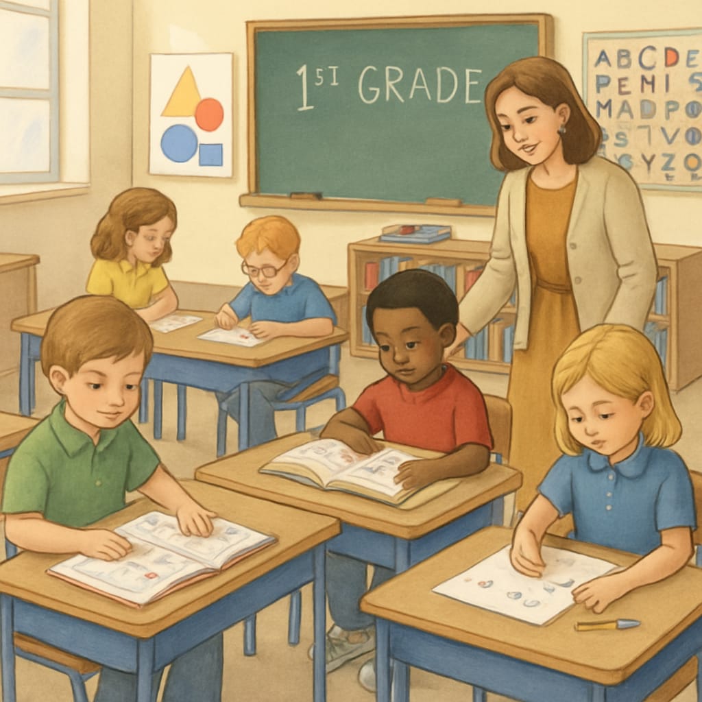 A classroom of first-grade students engaging in structured academic activities, highlighting the early pressure faced by children. First-grade students facing academic challenges related to university applications.
