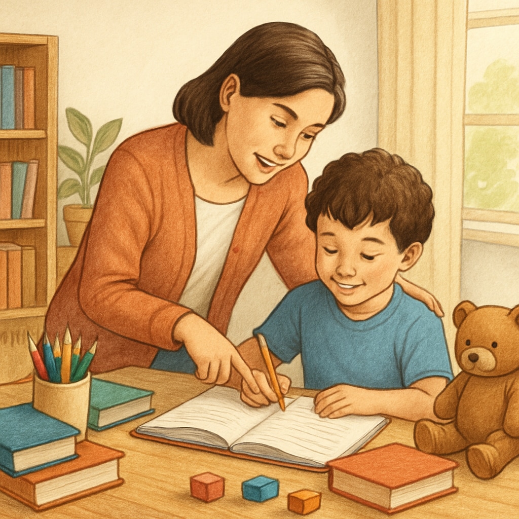 A supportive parent helping their child with a balanced mix of homework and playtime, illustrating the importance of holistic development. Parent supporting first-grade students in balancing academic and playtime challenges.