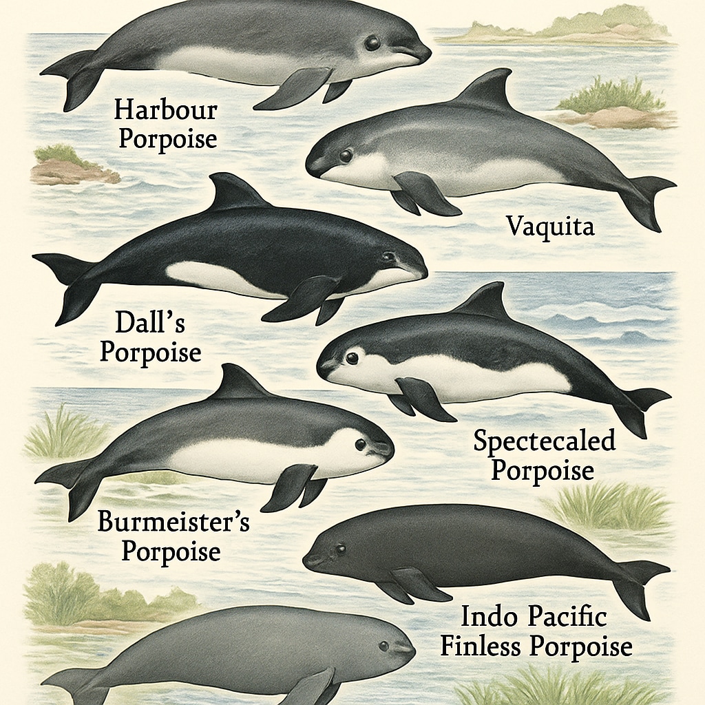 A detailed illustration of different mouse dolphin species, highlighting their physical characteristics and habitats. Illustration featuring mouse dolphins, marine biodiversity, and species traits.