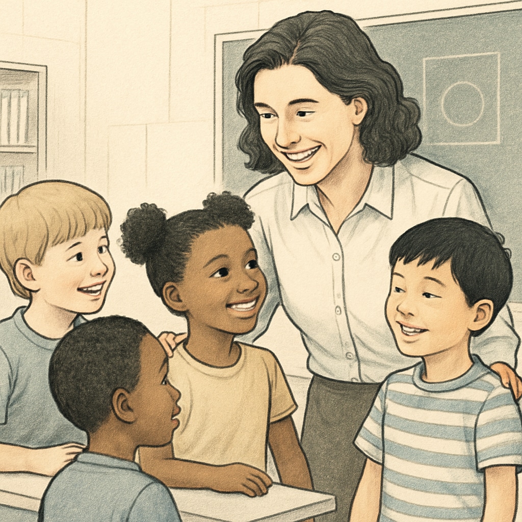 A smiling teacher engaging with diverse children in an educational setting, symbolizing inclusivity and empathy. Ms Rachel engaging with diverse young learners, promoting empathy and inclusivity.