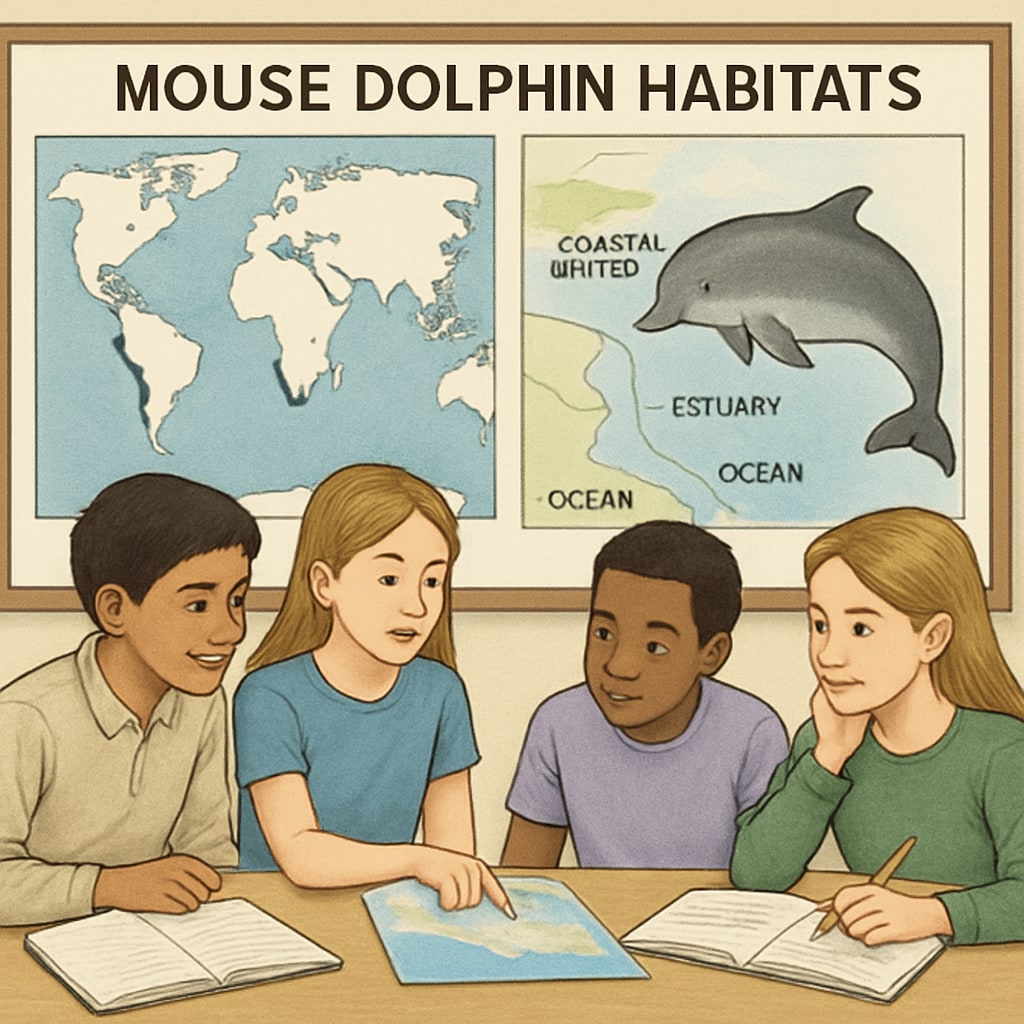 Students working on a group project about mouse dolphin habitats, featuring maps and species illustrations. Classroom activity focused on mouse dolphins and marine biodiversity.