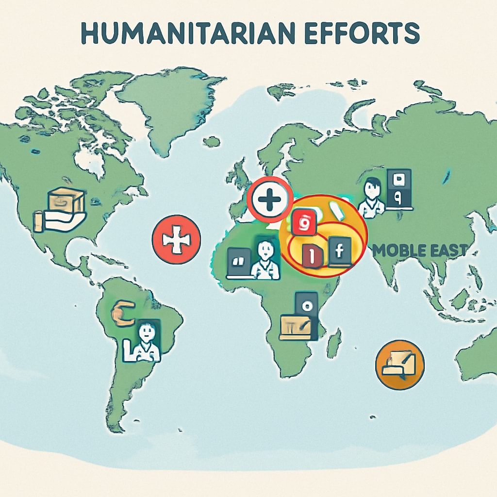 A map depicting global humanitarian efforts, with a specific focus on the Middle East. A map showing humanitarian efforts globally, highlighting the Middle East.