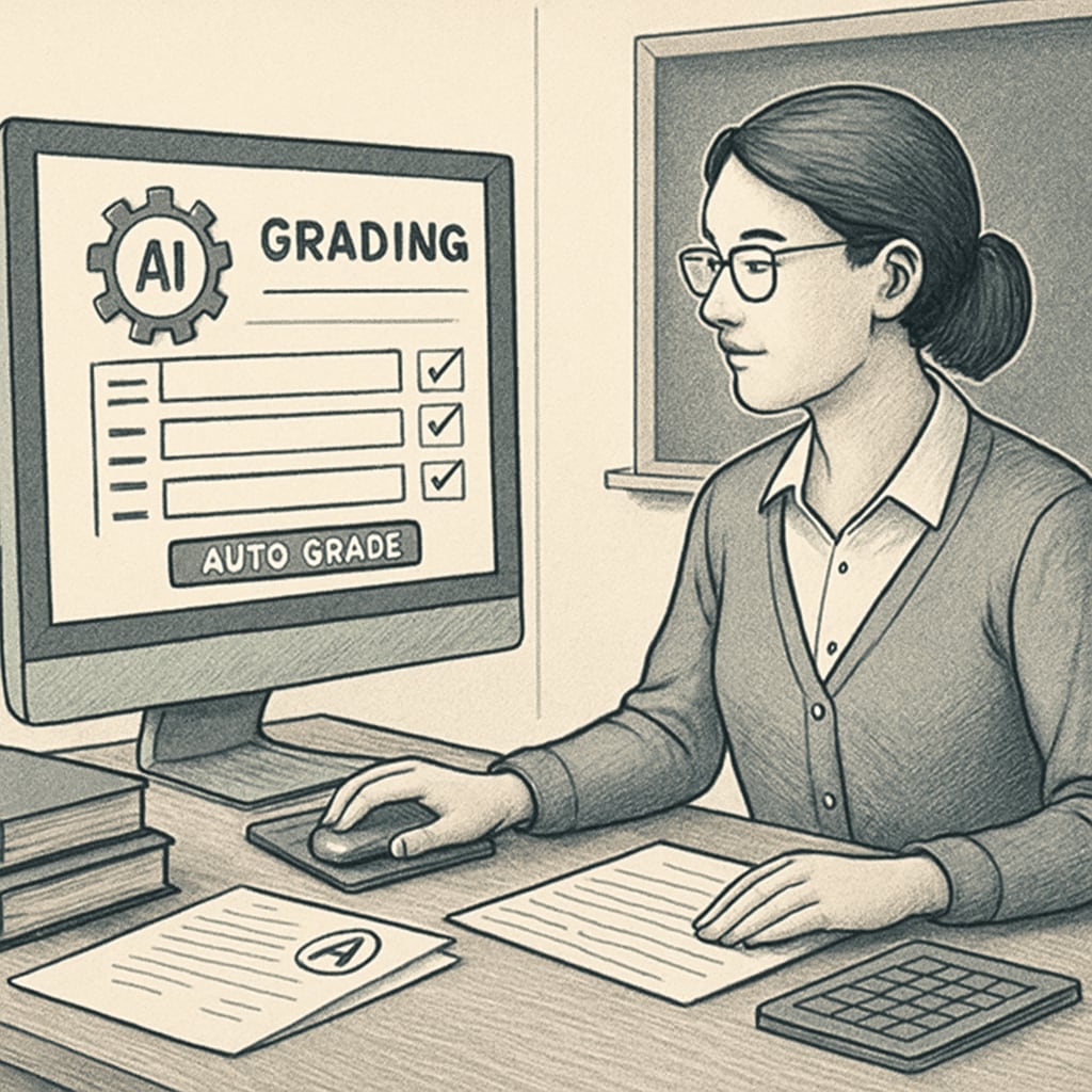 Teacher using AI technology to reduce administrative workload in education.
