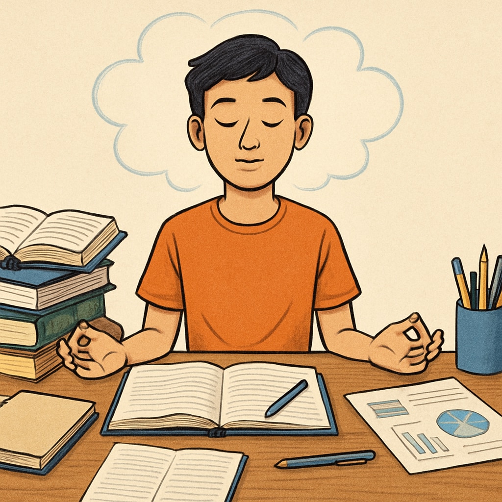 A conceptual graphic showing a student practicing mindfulness with books and study materials. Student practicing mindfulness with books and study tools.