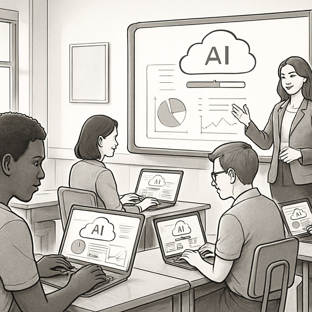 Students using AI tools for personalized learning in a classroom.
