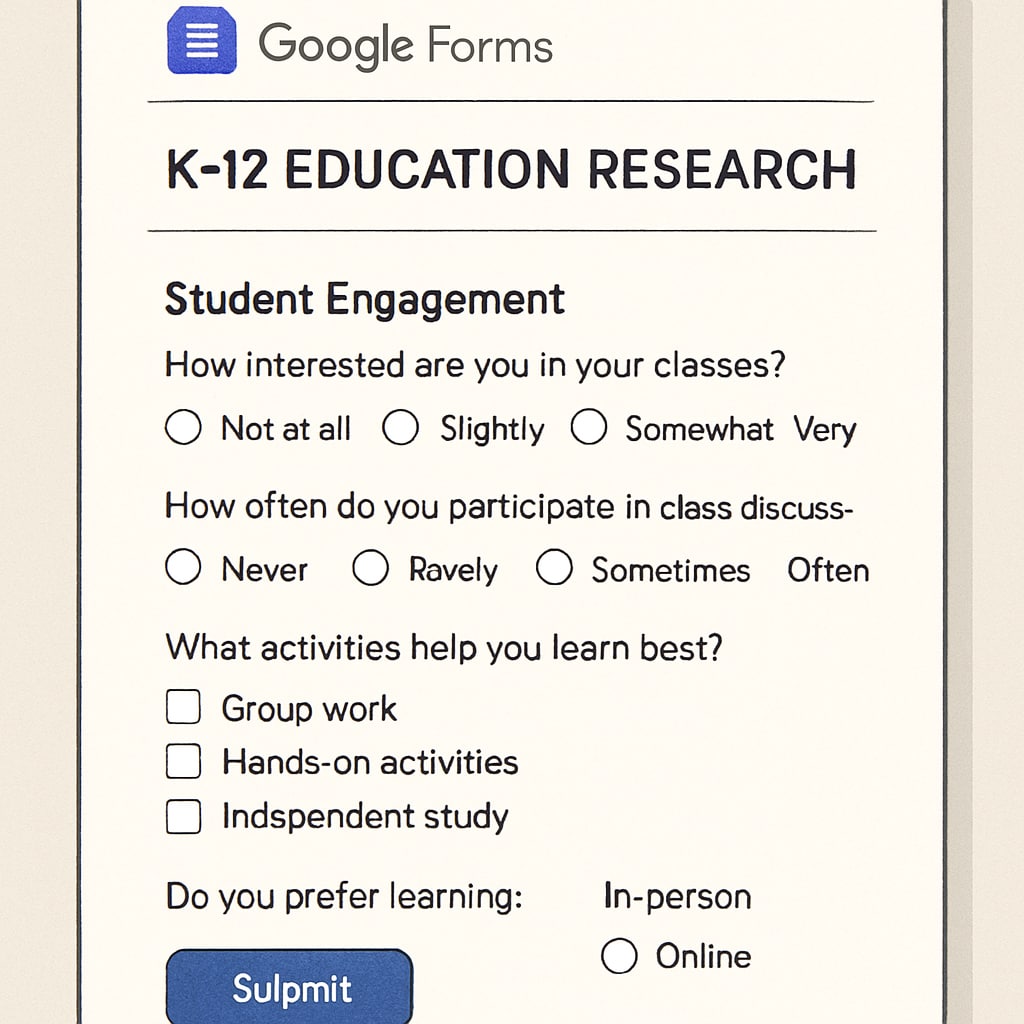 Google Forms survey for K12 education research, focusing on student engagement and learning preferences.