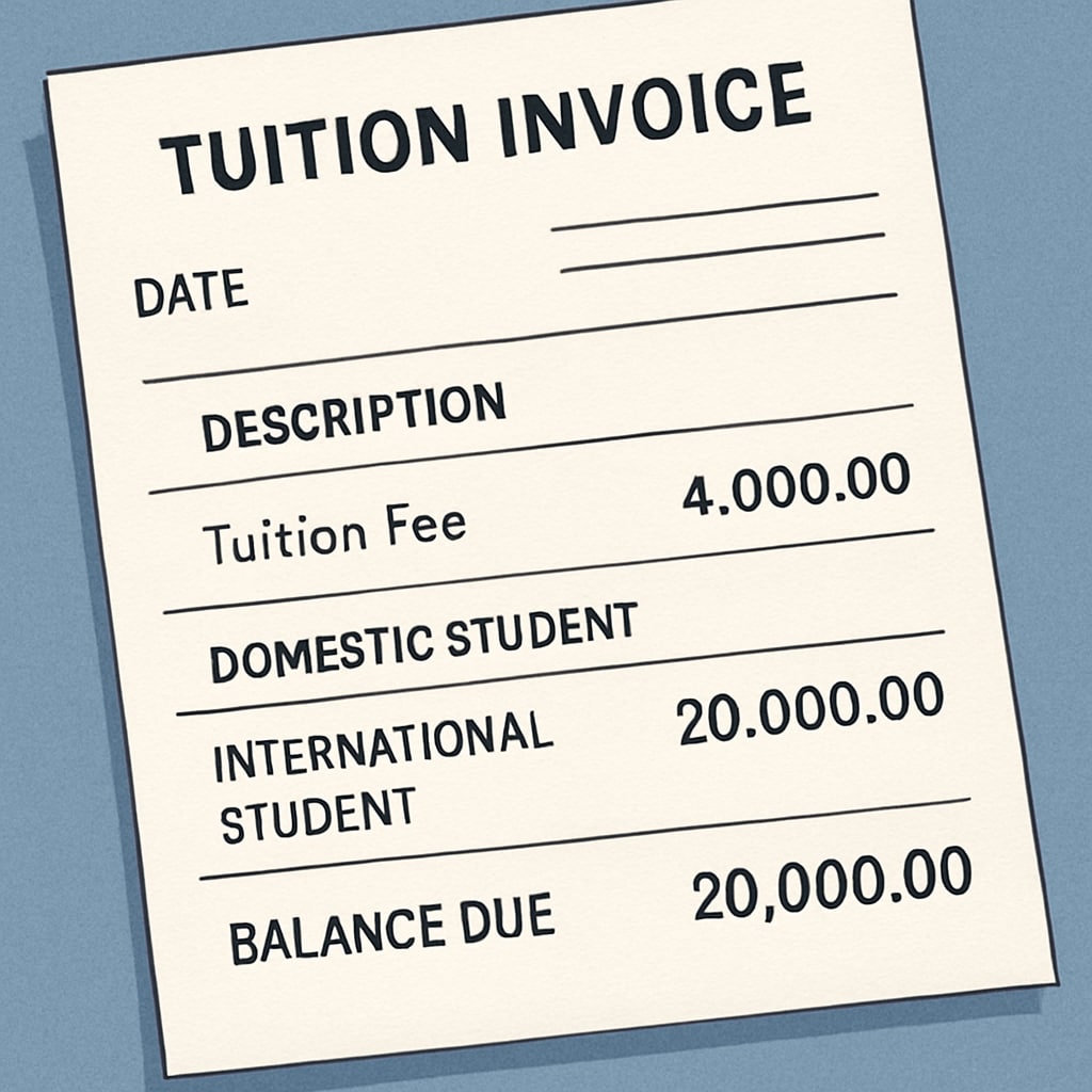 Tuition invoice highlighting financial disparities for international students in the UK.