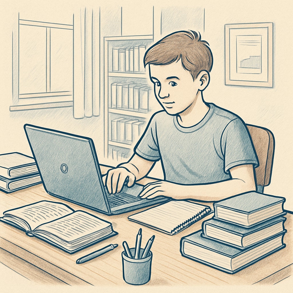 Homeschool student engaged in online coursework through Khan World School dual enrollment program.