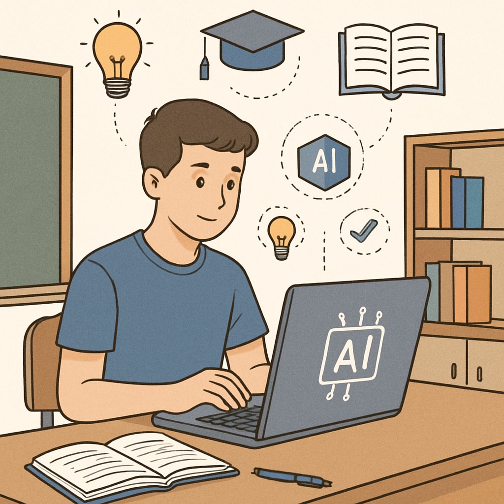 An illustration of a student using AI tools on a laptop, representing the integration of technology in education. Student using AI tools for academic success.