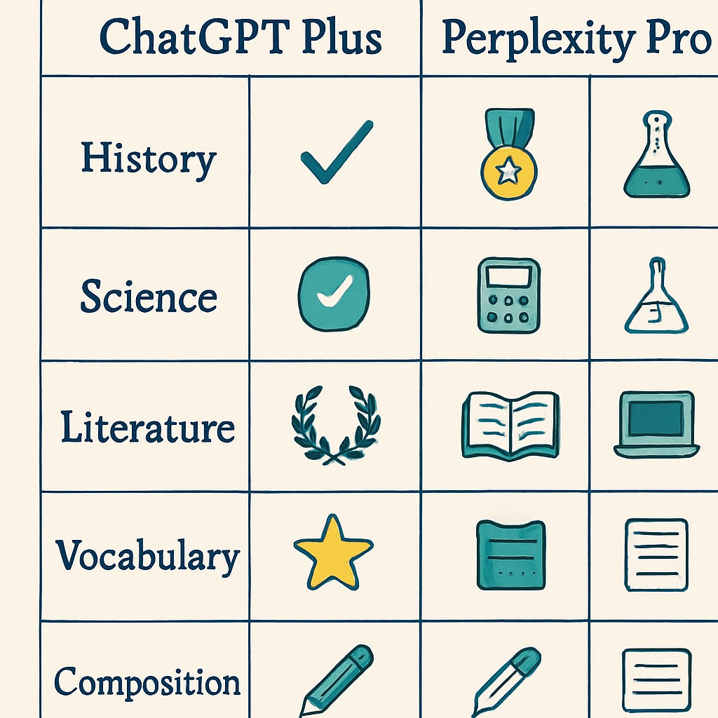 A comparison chart showing the strengths of ChatGPT Plus and Perplexity Pro in different academic subjects. Chart comparing AI subscription services for different academic subjects.