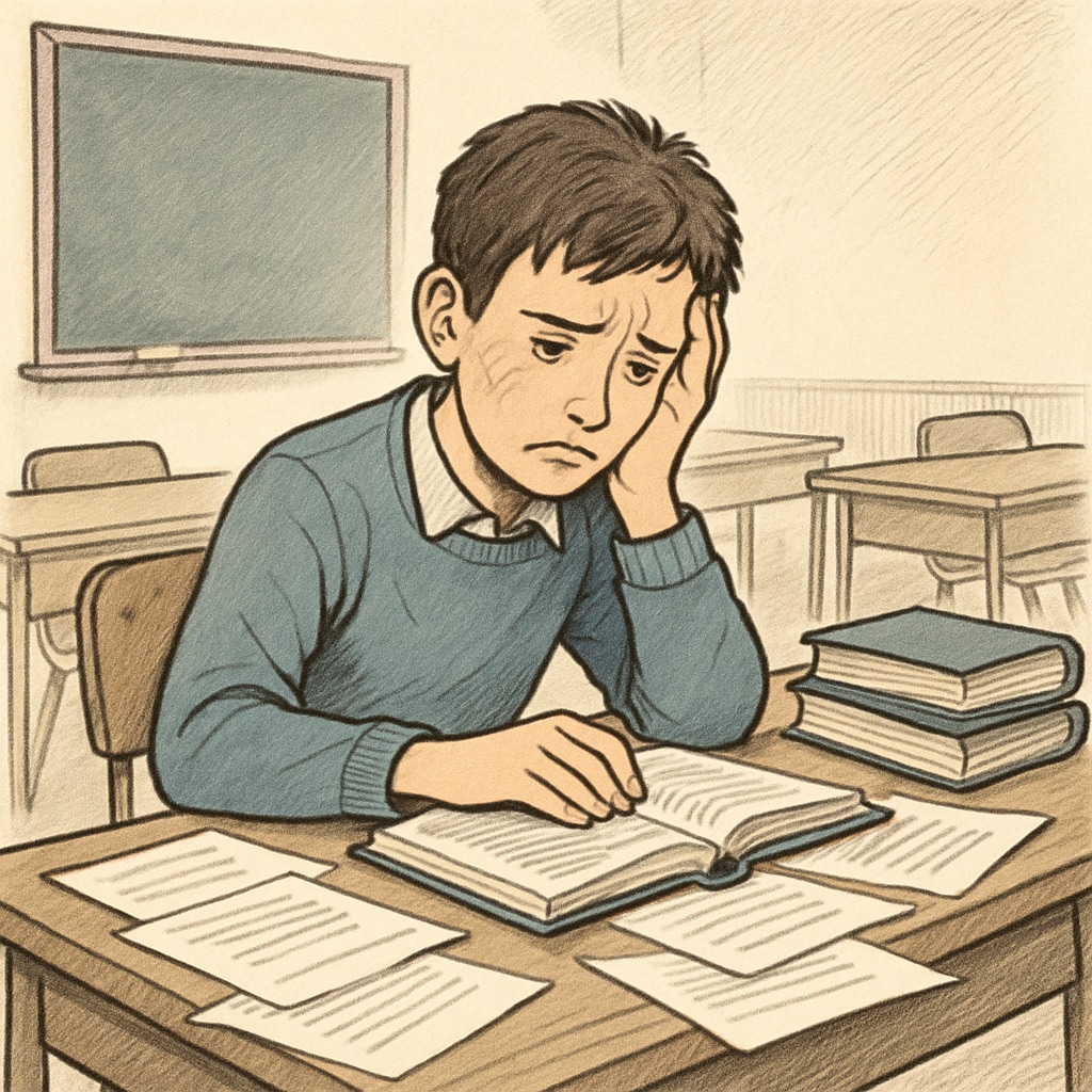 Gifted student overwhelmed in a classroom, symbolizing psychological pressure.